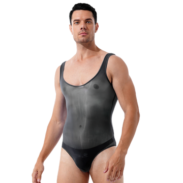 Men's Glossy Breathable Scoop Neck Swimsuit / Sleeveless See-Through Nylon Bodysuit Underwear - EVE's SECRETS